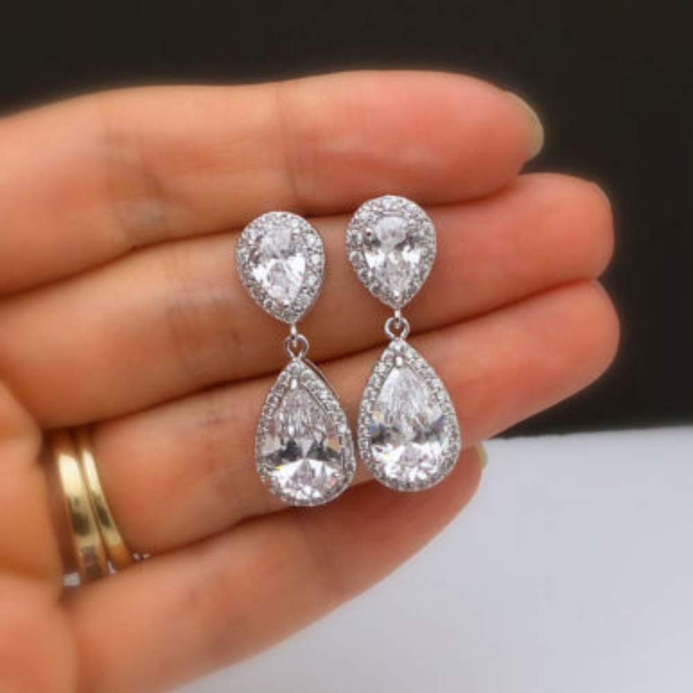 White Gold Plated Rhinestone Statement Earrings - Picture 3 of 6